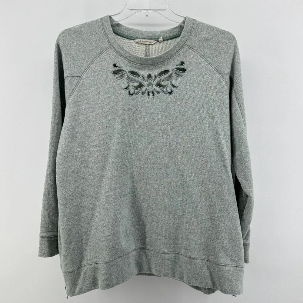 Soft Surroundings Sweatshirt Women XL Green Embroidered Cutout Side Zip Pullover